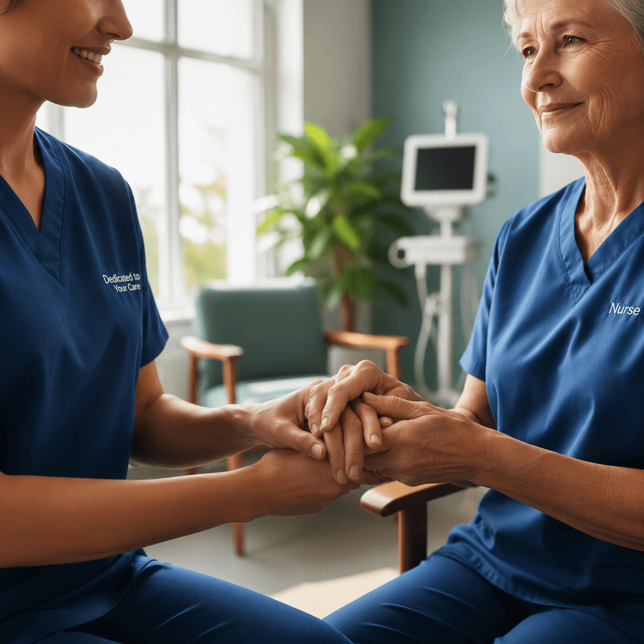 A nurse holding the hands of an older patient in a bright clinical room