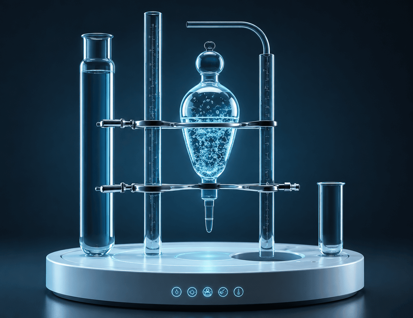 Backlit laboratory glassware a separating funnel and graduated tubes on a lit stand