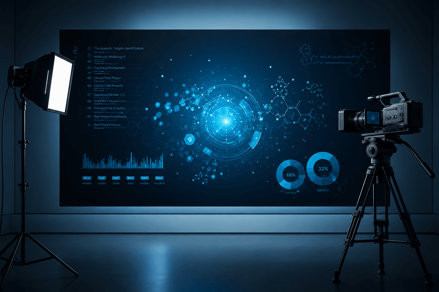 A film camera and studio light facing a large screen showing clinical trial data