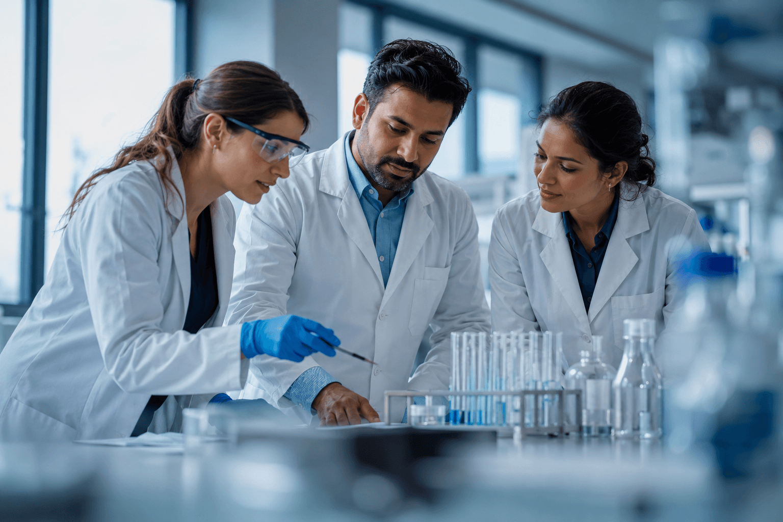 Three researchers in white lab coats leaning over a bench, discussing notes beside a rack of test tubes