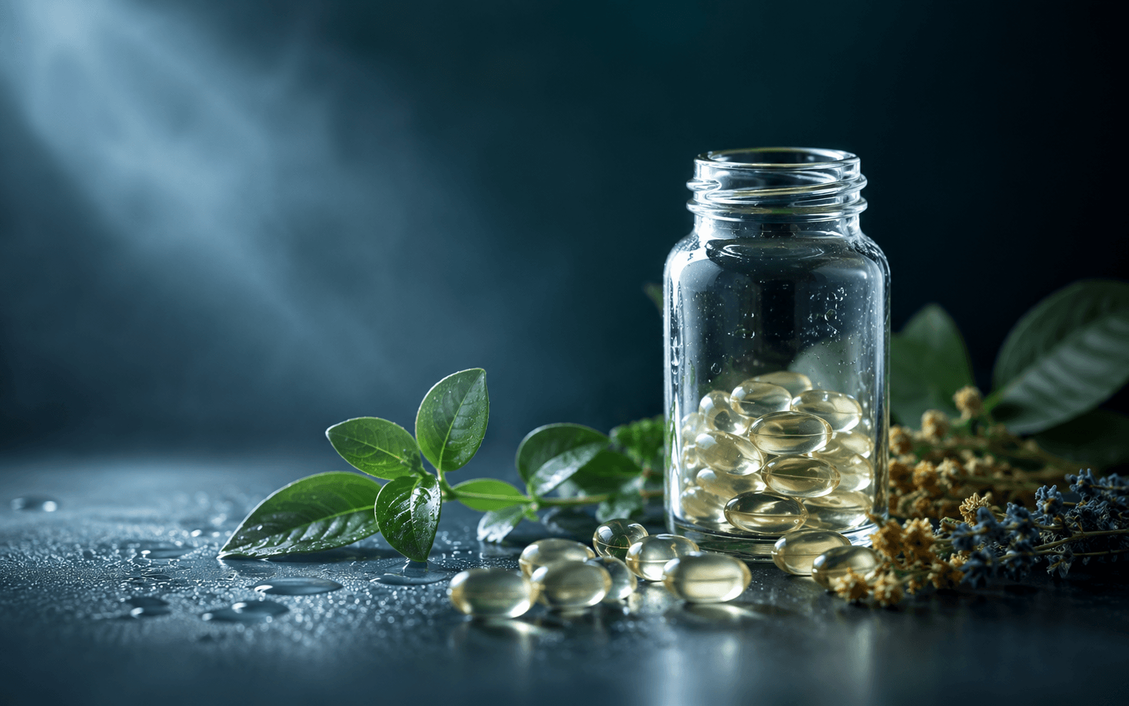 Softgel capsules spilling from a glass bottle beside fresh green leaves and dried botanicals