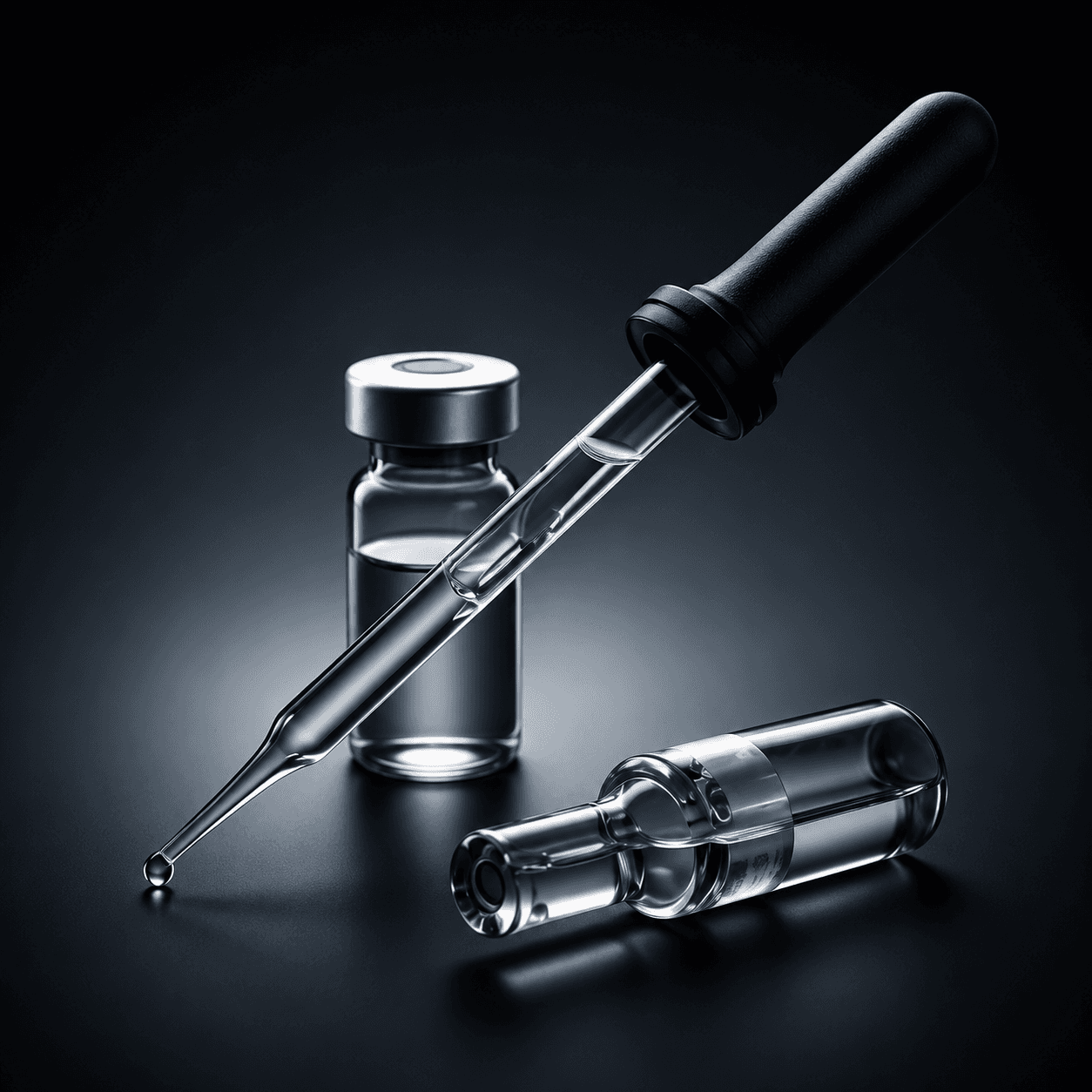 A glass pipette resting across a sealed vial and an open ampoule on a dark surface